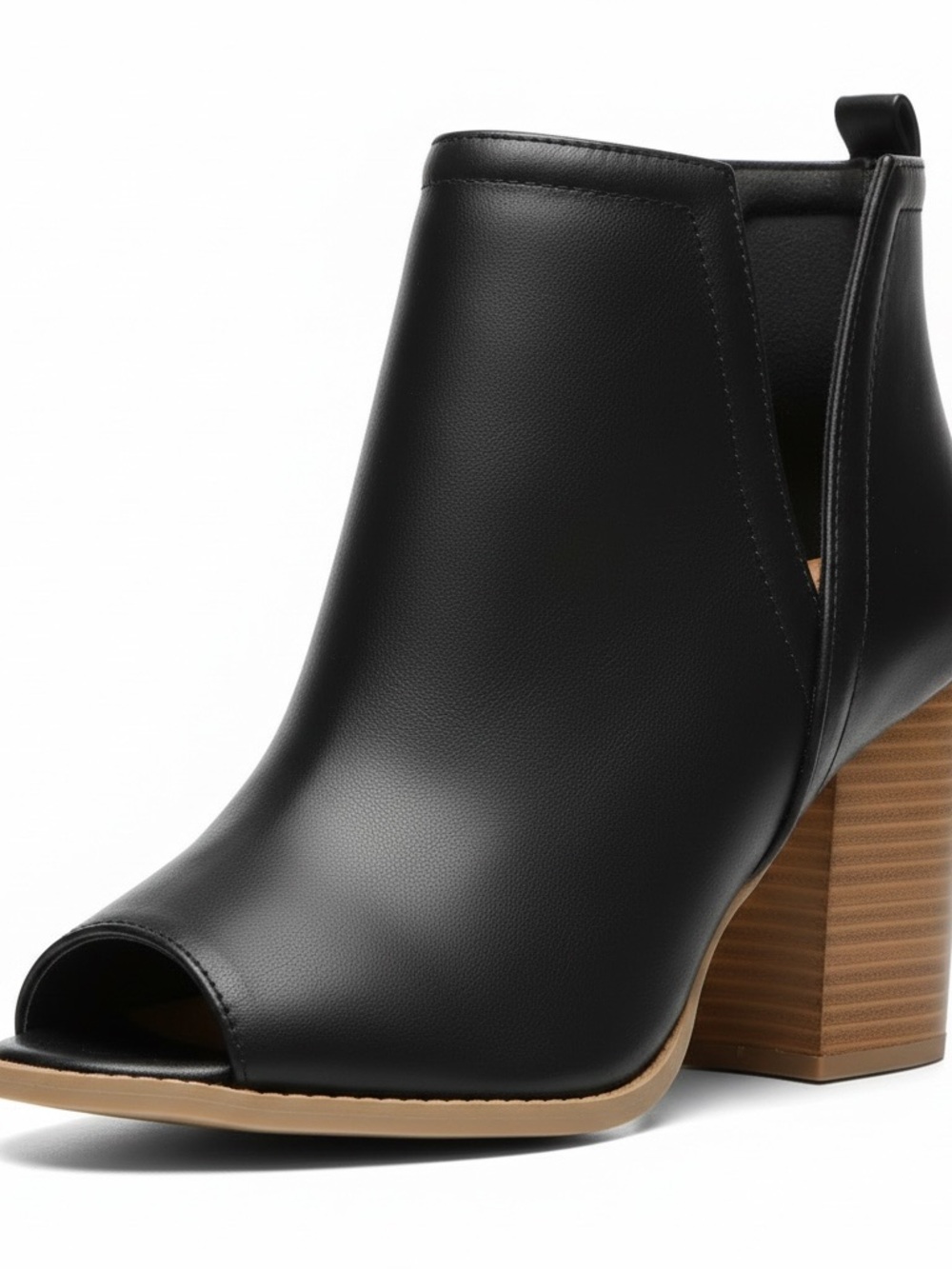 Qupid Black Open-Toe Block Heel Booties with Tan Stacked Heel Size 8